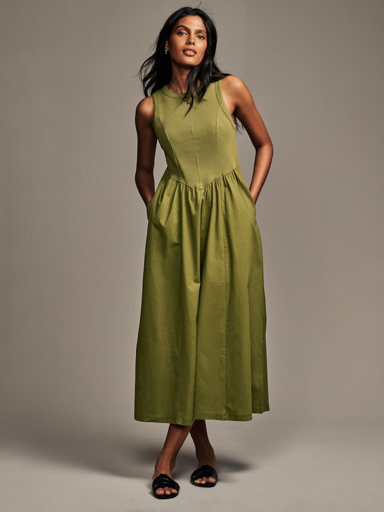 Khaki Green Woven Jersey Mix Sleeveless Racer Ribbed Midi Dress - Image 1 of 7