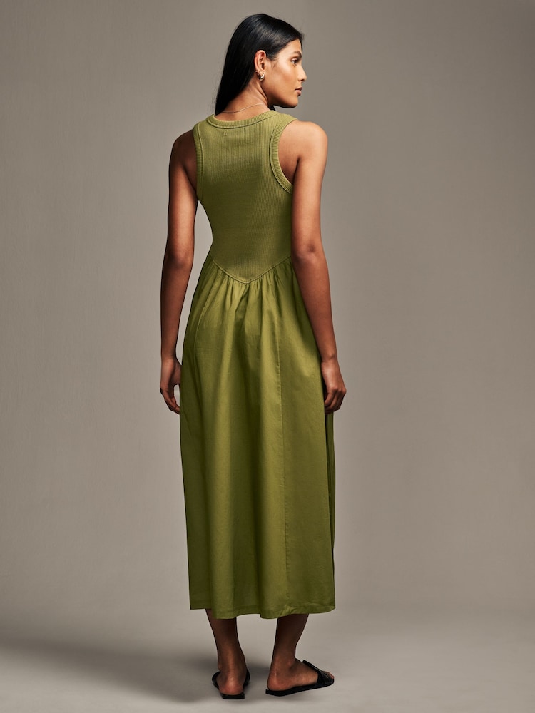 Khaki Green Woven Jersey Mix Sleeveless Racer Ribbed Midi Dress - Image 2 of 7