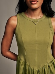Khaki Green Woven Jersey Mix Sleeveless Racer Ribbed Midi Dress - Image 3 of 7