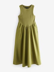 Khaki Green Woven Jersey Mix Sleeveless Racer Ribbed Midi Dress - Image 5 of 7