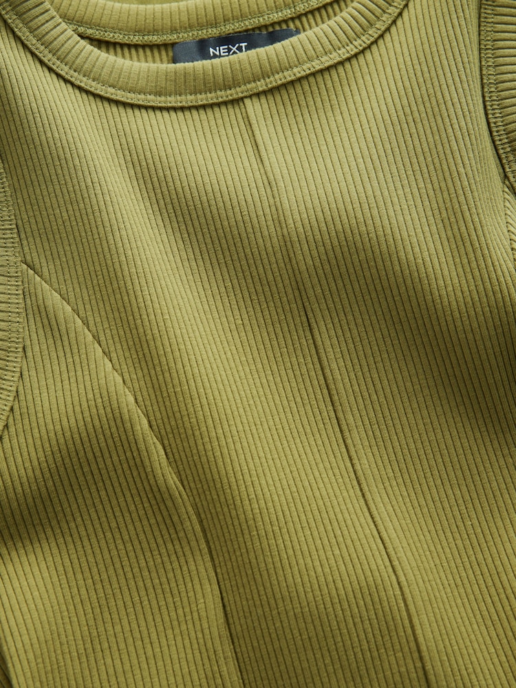 Vert kaki - Peignoir mi-long côtelé sans manches en jersey tissé - Image 6 of 7