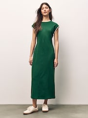 Pine Green 100% Cotton Short Sleeve Tipped Jersey Midi Dress - Image 1 of 6