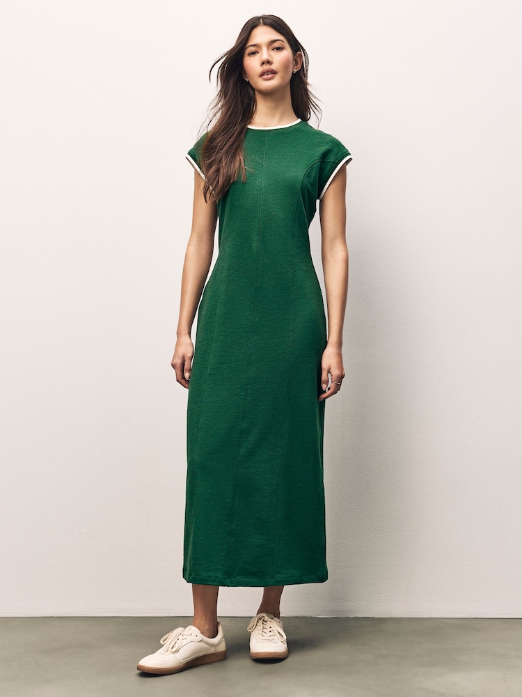 Pine Green 100% Cotton Short Sleeve Tipped Jersey Midi Dress - Image 1 of 6