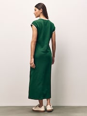 Pine Green 100% Cotton Short Sleeve Tipped Jersey Midi Dress - Image 2 of 6