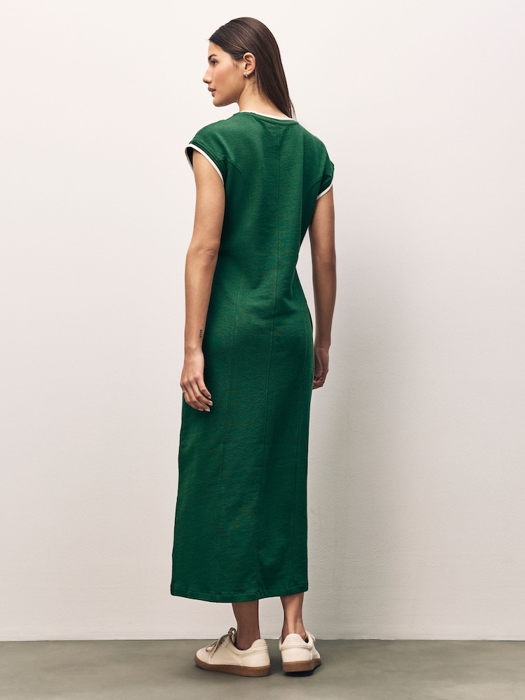 Pine Green 100% Cotton Short Sleeve Tipped Jersey Midi Dress - Image 2 of 6