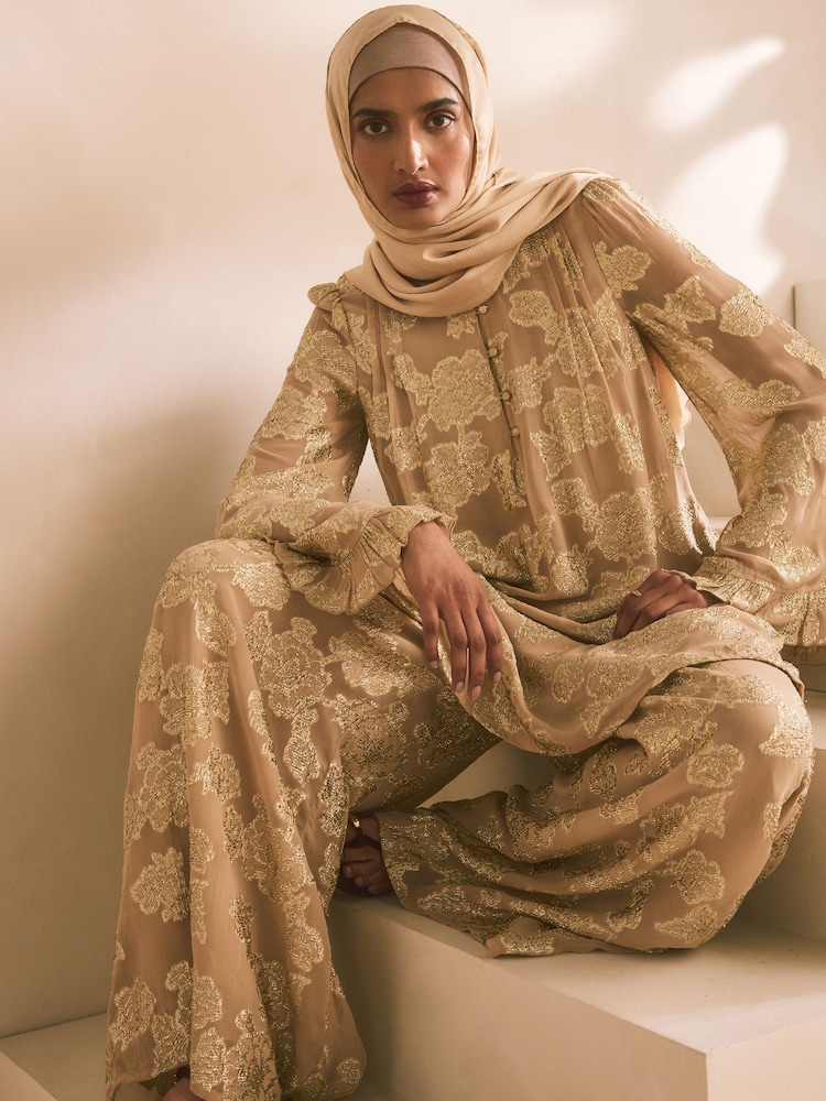 Champagne Gold Long Sleeve Longline High Neck Button Down Blouse - Image 1 of 8