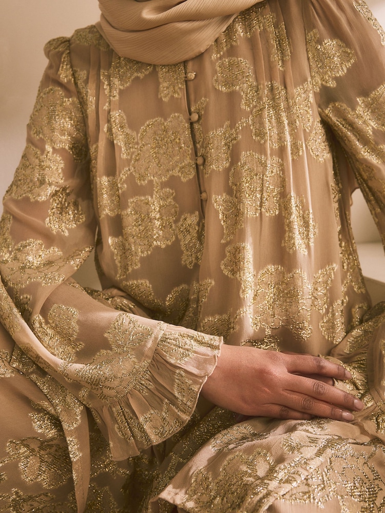 Champagne Gold Long Sleeve Longline High Neck Button Down Blouse - Image 2 of 8