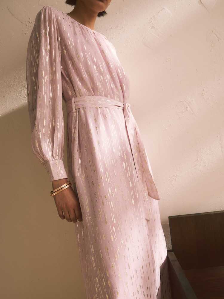 Pastel Pink Long Sleeve Tie Waist Crew Neck Maxi Dress - Image 2 of 6