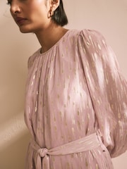 Pastel Pink Long Sleeve Tie Waist Crew Neck Maxi Dress - Image 4 of 6