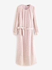 Pastel Pink Long Sleeve Tie Waist Crew Neck Maxi Dress - Image 5 of 6