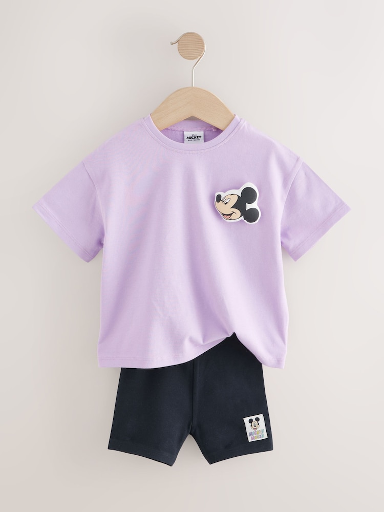 Lilac Purple Disney Mickey Mouse Short Sleeve T-Shirt and Cycle Shorts Set (3mths-7yrs) - Image 6 of 9