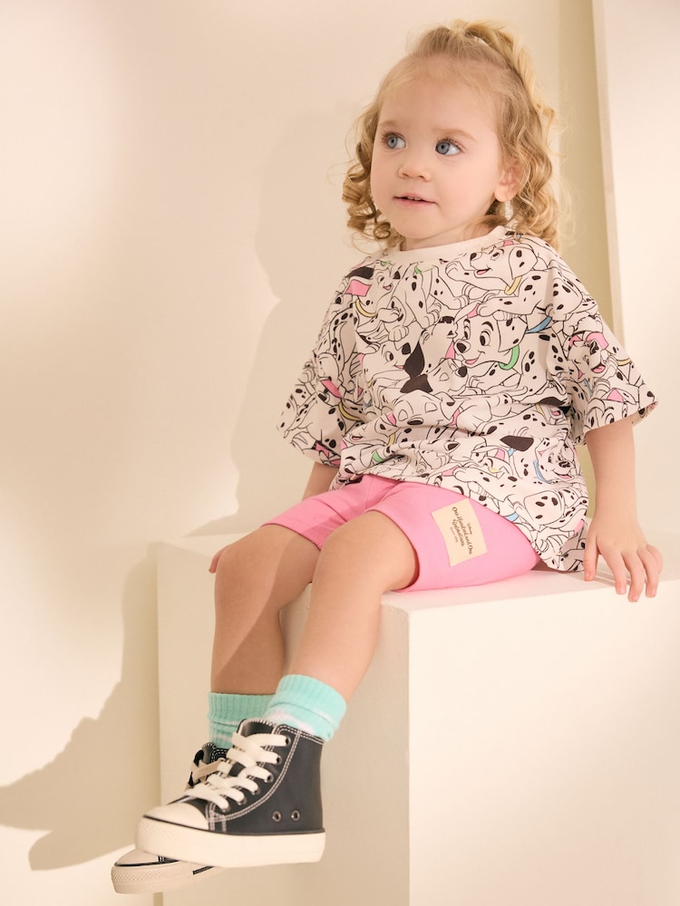 White and Pink Disney 101 Dalmations Short Sleeve T-Shirt and Cycle Shorts Set (3mths-7yrs) - Image 1 of 9