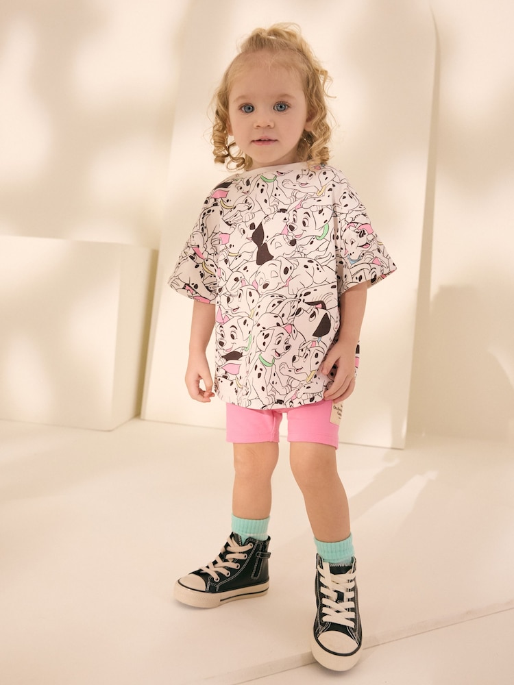 White and Pink Disney 101 Dalmations Short Sleeve T-Shirt and Cycle Shorts Set (3mths-7yrs) - Image 2 of 9