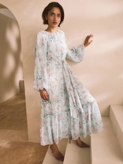 Blue/Pink Floral Long Sleeve Tie Waist Ruffle Detail Boho Maxi Dress - Image 1 of 8