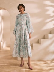 Blue/Pink Floral Long Sleeve Tie Waist Ruffle Detail Boho Maxi Dress - Image 2 of 8