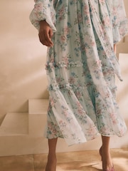 Blue/Pink Floral Long Sleeve Tie Waist Ruffle Detail Boho Maxi Dress - Image 3 of 8