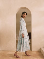 Blue/Pink Floral Long Sleeve Tie Waist Ruffle Detail Boho Maxi Dress - Image 4 of 8
