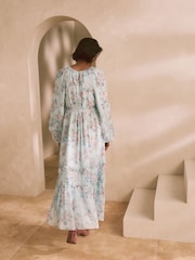 Blue/Pink Floral Long Sleeve Tie Waist Ruffle Detail Boho Maxi Dress - Image 5 of 8