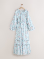 Blue/Pink Floral Long Sleeve Tie Waist Ruffle Detail Boho Maxi Dress - Image 6 of 8