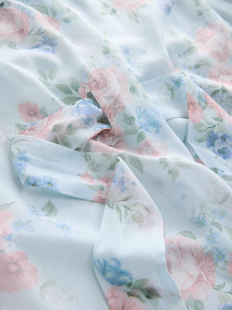 Floral bleu/rose - Manches longues Cravate taille Volants Détail Peignoir longue bohème - Image 7 of 8