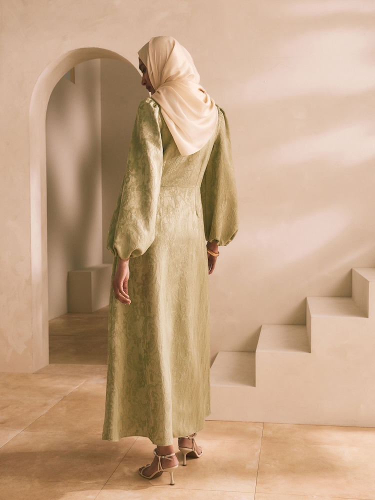 Sage Green Long Sleeve Waisted Puff Sleeve Jaquard Maxi Dress - Image 4 of 8