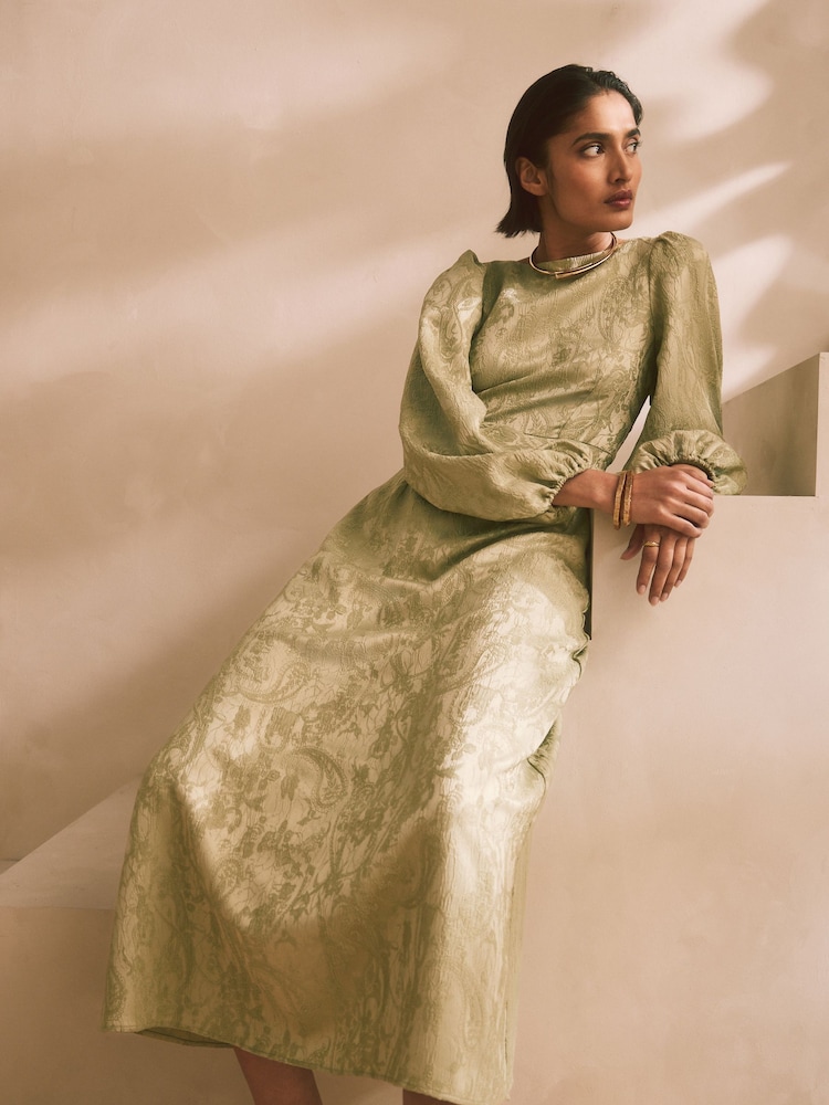 Sage Green Long Sleeve Waisted Puff Sleeve Jaquard Maxi Dress - Image 5 of 8
