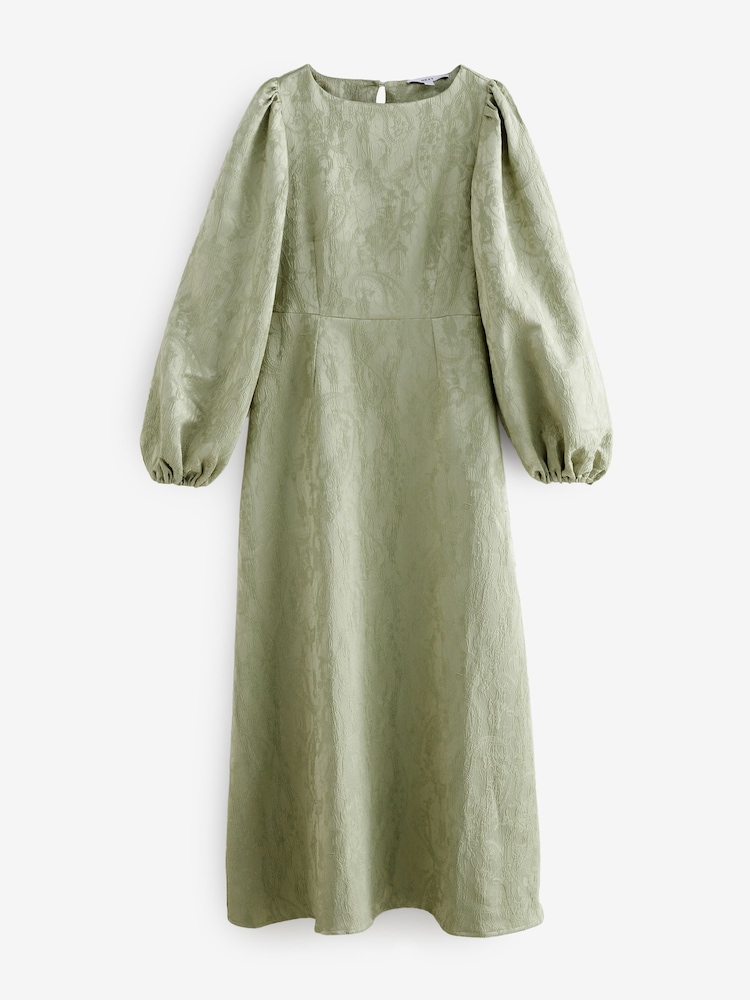 Sage Green Long Sleeve Waisted Puff Sleeve Jaquard Maxi Dress - Image 6 of 8