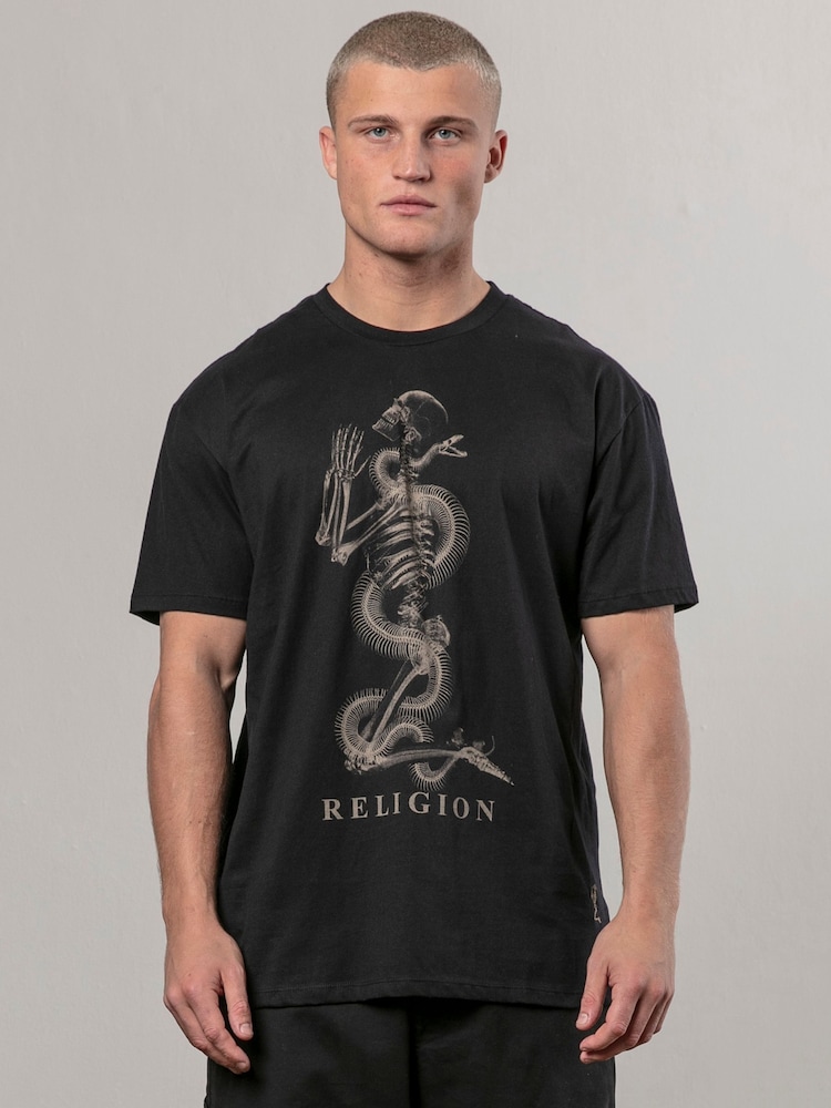 Religion Black Xray Skel N Snake Print 100% Cotton T-Shirt - Image 1 of 5