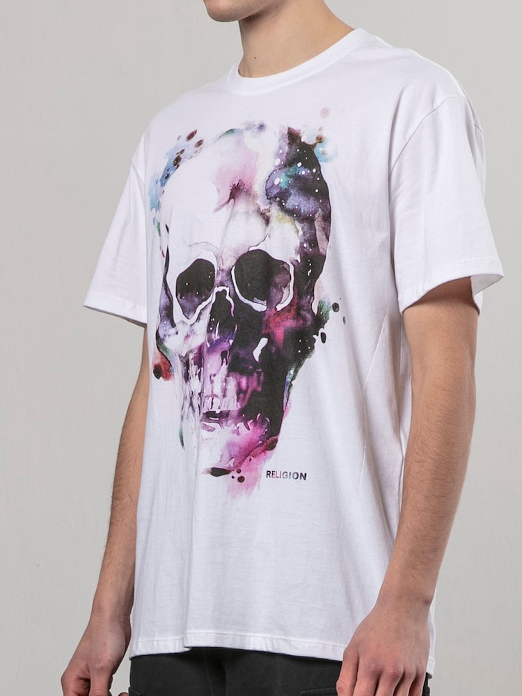 Religion White Watercolour Skull 100% Cotton T-Shirt - Image 4 of 5