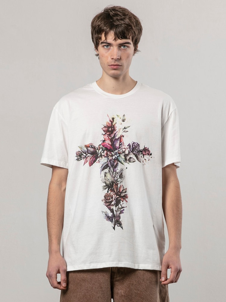 Religion White Cross Botanical 100% Cotton T-Shirt - Image 1 of 4