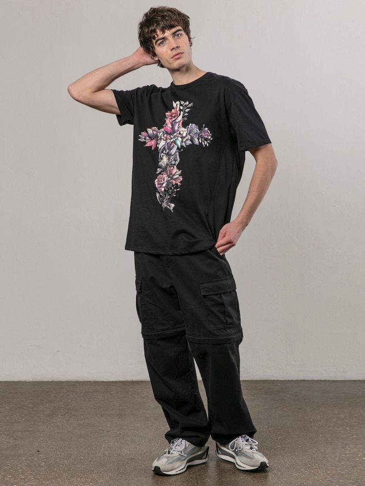 Religion Black Cross Botanical 100% Cotton T-Shirt - Image 1 of 5