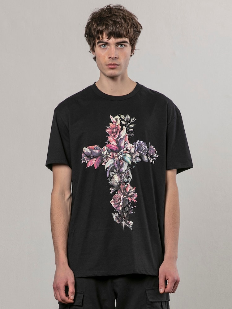 Religion Black Cross Botanical 100% Cotton T-Shirt - Image 2 of 5