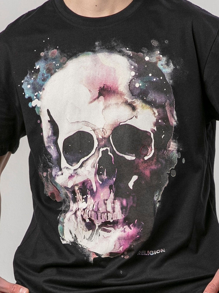 Religion Black Watercolour Skull 100% Cotton T-Shirt - Image 4 of 4