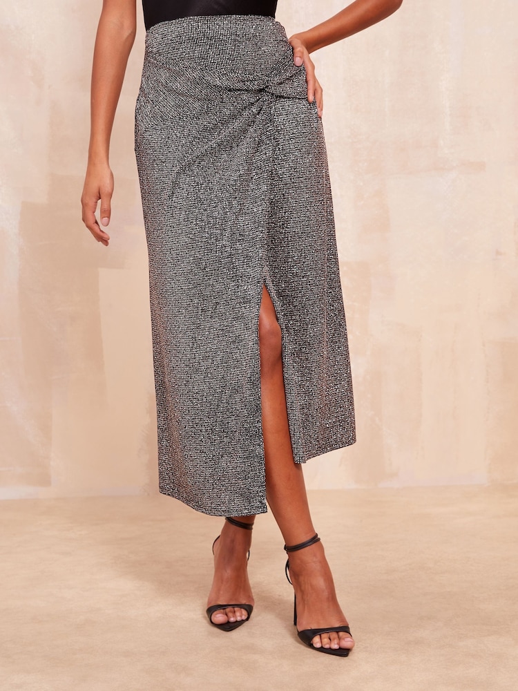Friends Like These Silver Glitter Twist Midi Skirt - Image 1 of 4
