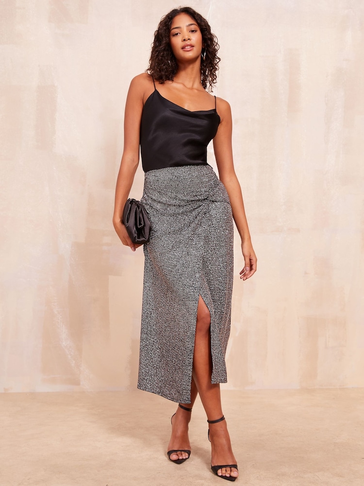 Friends Like These Silver Glitter Twist Midi Skirt - Image 2 of 4