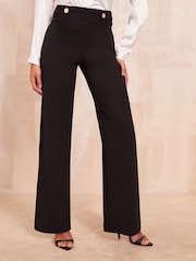Friends Like These Black Petite Smart Tab Button Wide Leg Trousers - Image 1 of 4