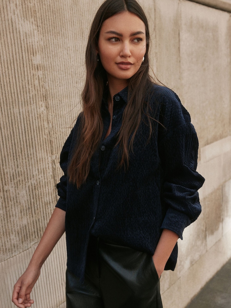 Navy Blue Soft Cord Long-Sleeve Shirt with Modal - Image 1 of 5