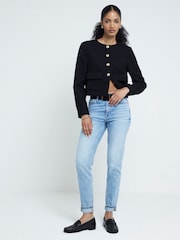 River Island Blue Mom High Rise Bum Sculpt Ripped 100% Cotton Jeans - Image 1 of 5