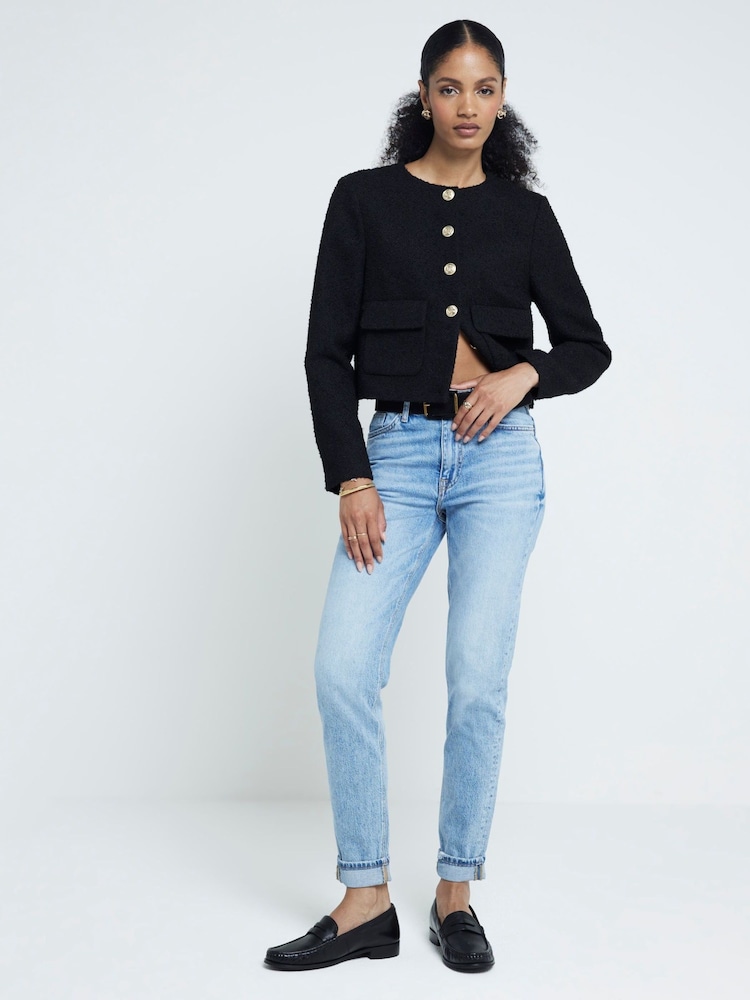 River Island Blue Mom High Rise Bum Sculpt Ripped 100% Cotton Jeans - Image 1 of 5