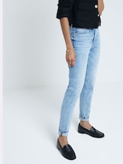 River Island Blue Mom High Rise Bum Sculpt Ripped 100% Cotton Jeans - Image 2 of 5