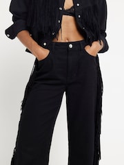 River Island Black Relaxed Straight Tassel Edge 100% Cotton Jeans - Image 3 of 6