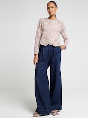 River Island Brown Long Sleeve Lace T-Shirt - Image 1 of 4