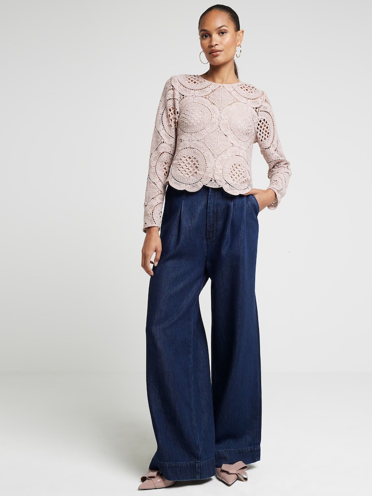 River Island Brown Long Sleeve Lace T-Shirt - Image 1 of 4