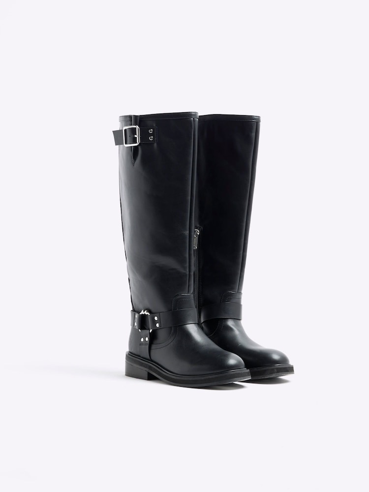 River Island Black Knee High Biker Boots - Image 2 of 4