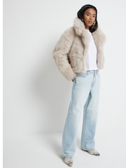 River Island Cream Petite Short Faux Fur Jacket - Image 1 of 4