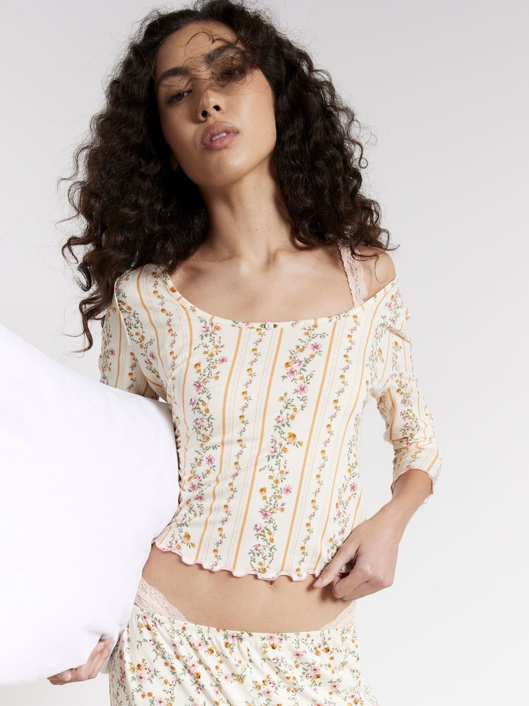 River Island Cream Floral Print Long Sleeve Pyjamas Set - Image 1 of 6
