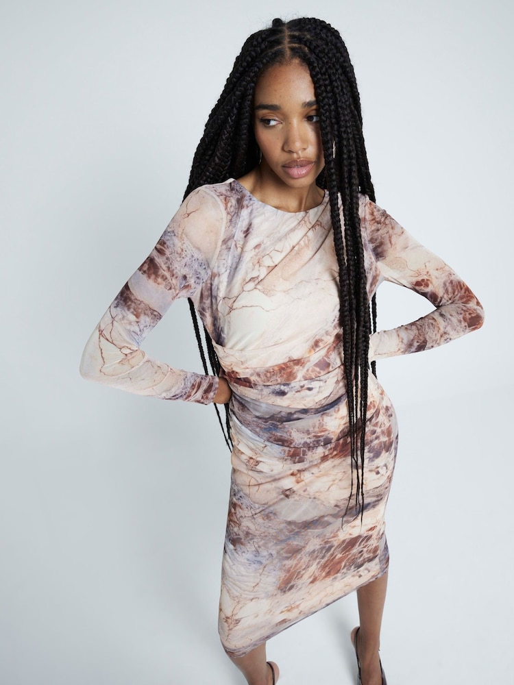 River Island Brown Drape Printed Column Dress - Image 1 of 4 River Island Brown Drape Printed Column Dress - Image 1 of 4