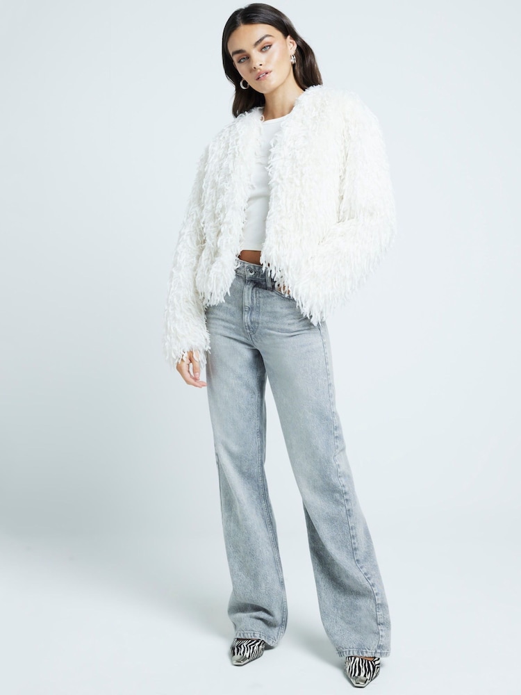 River Island Cream Collarless Textured Trophy Jacket - Image 1 of 4