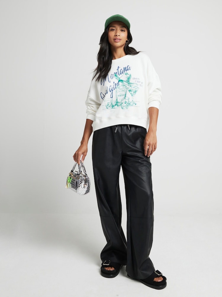 River Island Black Petite Faux Leather Wide Leg Trousers - Image 1 of 4 River Island Black Petite Faux Leather Wide Leg Trousers - Image 1 of 4