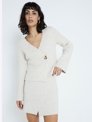 Cream - River Island dolg rokav; z dolgimi rokavi Asymetric Button pletena jopa - Slika 2 iz 6